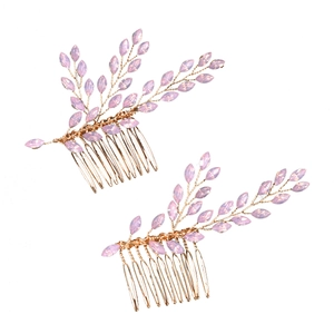 Elegant bridal hair comb set with pale blue and purple crystals on gold wire design