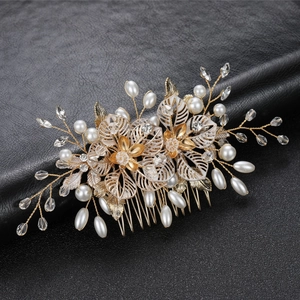 Pettine per Capelli da Sposa Oro Lega Fiori Foglie Traforati Con Künstliche Perle Sintetiche Strass per Matrimonio Festa Donna