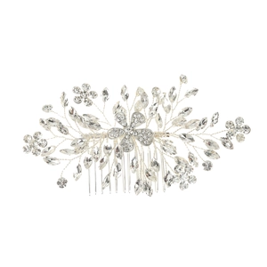Elegant silver bridal hair comb with crystal flowers and diamond rhinestones for weddings