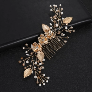 Handmade Golden Alloy Flower Leaf Bridal Hair Comb With Faux Artificial Pearls Crystals Elegant Wedding Party Jewelry Headpiece