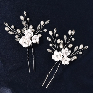 Bridal Wedding Hairpins White Soft Clay Flower U-Shaped Hair Fork Handmade Alloy Artificial Pearl Rhinestone Hair Sticks Women Jewelry