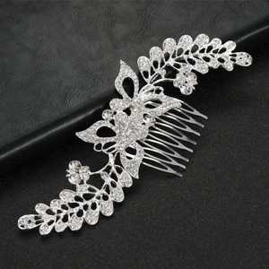 Elegant butterfly rhinestone hair comb with silver alloy vines for bridal wedding hairstyles