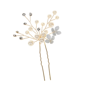 Spilla per capelli da sposa con fiori bianchi, perle e cristalli su metallo dorato