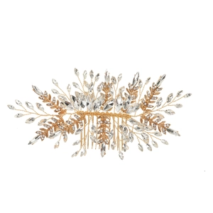 Peigne à cheveux de mariée doré avec cristaux marquise et feuilles creuses pour mariage