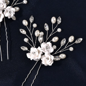Handmade white clay flower hair pins with pearls and rhinestones for bridal weddings