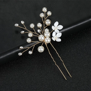 Forcina da sposa con fiori bianchi, perle e strass su filo metallico dorato