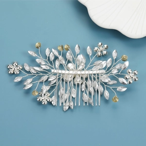 Exquisite bridal hair comb with silver alloy flower branches and rhinestone accents