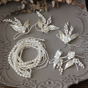 Bridal Wedding Hair Accessory Set White Flower Artificial Pearl Hairpin Headband And Ear Clips For Women Romantic Vintage Jewelry