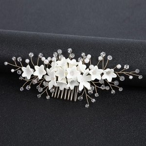 White Resin Flower Bridal Hair Comb With Faux Artificial Pearl Crystal Gold Alloy Wire Handmade Wedding Side Comb Jewelry Women