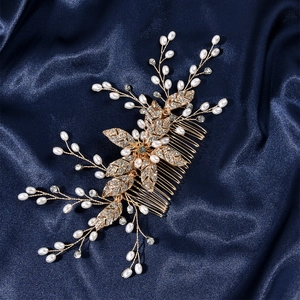 Eleganter Braut-Haarkamm mit goldenen Blättern, weißen Perlen und glitzernden Strass