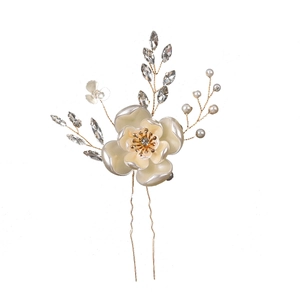 Elegante forcina per capelli da sposa con fiori bianchi perle e strass su clip a U dorata