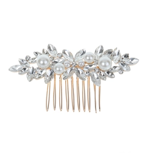 Eleganter Brauthaarkamm mit Marquise-Kristallen und Perlen auf einer goldenen Metallbasis