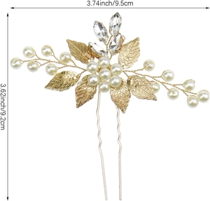 Detail view of gold leaf bridal hair pin with pearls and size dimensions included