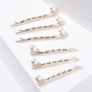 Elegant set of six golden twisted hair pins with white pearls for bridal and daily wear