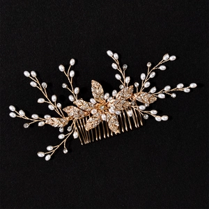 Eleganter Goldener Braut Haarkamm Mit Strass Und Kunstperlen Blatt Blumen Zweig Handgefertigter Hochzeit Haarschmuck Damen