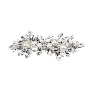 Detailed view of marquise cut crystal and pearl leaf motif on a silver spring hair clip