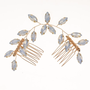 Sparkling horse-eye glass bridal hair comb with gold leaf vine design and icy blue gems