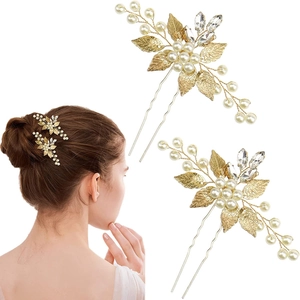 Golden leaf hair pins with pearls and crystals shown on model for bridal wedding styling