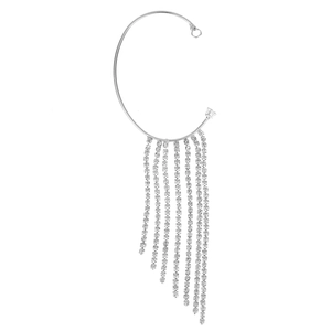 Elegant bridal silver tassel ear cuff with sparkling rhinestone chains for weddings