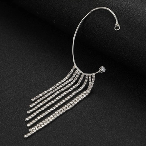 Bridal Rhinestone Tassel Ear Cuff Clip On Wrap Earrings No Piercing Alloy Silver Long Fringe For Wedding Party Women Jewelry