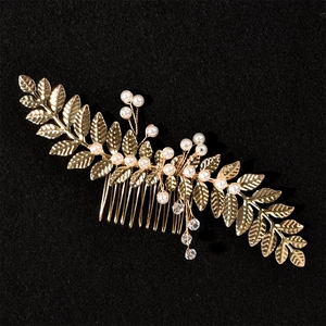 Peigne à Cheveux Style Baroque Feuilles d'Or Alliage Künstliche Perle Cristal Floral Mariage Coiffe de Mariée Bijoux pour Femmes