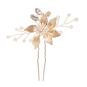 Golden leaf and pearl bridal hair pin with crystal accents for wedding hairstyles