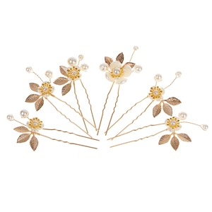 Elegant 7-piece gold floral hair pins set with pearls for bridal wedding hairstyles