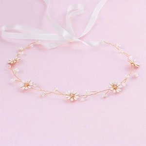 Bridal Forest Style Daisy Rhinestone Hairband With White Satin Ribbon Handmade Gold Wire Artificial Pearl Headpiece For Wedding Women