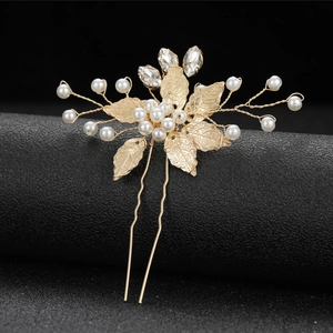Golden leaf hair fork with pearls and crystals for bridal wedding hairstyles