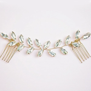Elegant gold bridal hair vine with marquise crystal dual combs for wedding hairstyles