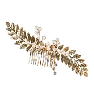 Peigne à cheveux baroque doré avec feuilles, perles et franges de glands en cristal