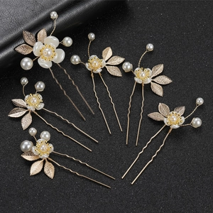 Bridal Wedding Hair Sticks Set U Shaped Alloy Flower Leaf Artificial Pearl Hairpins For Women Korean Elegant Hair Jewelry Gold Silver