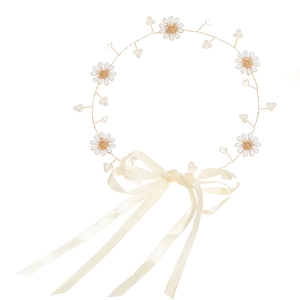 Floral bridal headband with white daisies, pearls, and rhinestones on a gold wire