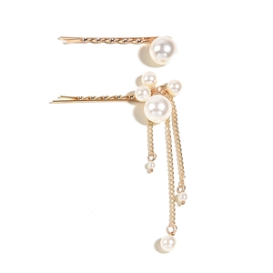 Lot de 2 barrettes dorées avec perles blanches élégantes et détails de chaîne à franges