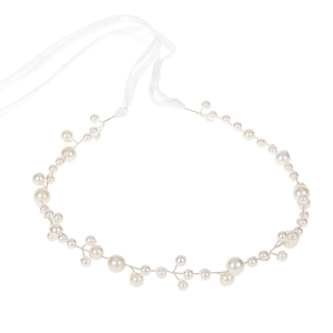 Bandeau perles blanches élégant avec fil d'argent et ruban de satin pour coiffure de mariée