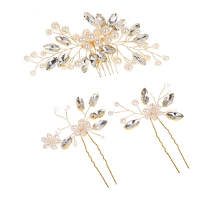 3-teiliges Brauthaarschmuck-Set mit Perlen und Marquise-Kristallen in Gold-Finish