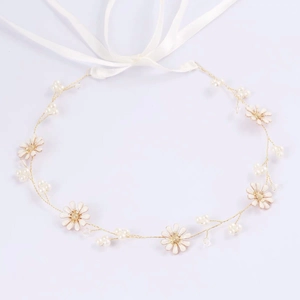 Floral bridal headband with white daisy enamel flowers and pearls on golden wire