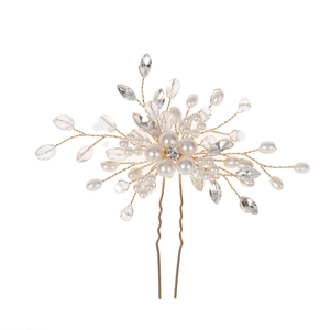 Exquisite Braut Haarnadel mit Perlen und Kristallen auf goldenem Blumendraht Design