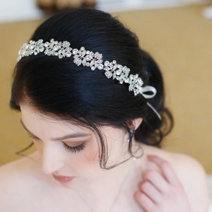Braut Hochzeit Stirnband Silber Legierung Strass Blume Blatt Haarranke Mit Weißem Band Für Damen Party Schmuck Zubehör