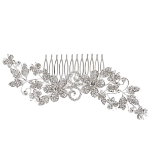 Silver bridal hair comb with flower leaf patterns and sparkling rhinestones for wedding