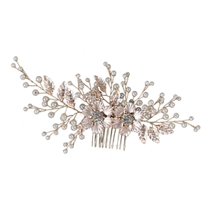 Peigne à cheveux de mariée raffiné en or rose avec fleurs en strass et perles