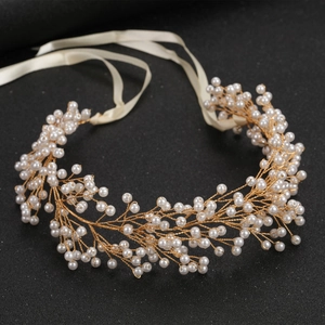 Eleganter Hochzeit Braut Haarschmuck Handgefertigtes Künstliche Perle Kristall Haarband Mit Satinband Gold Damen Party Kopfschmuck