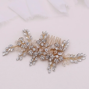 Peigne à cheveux de mariée exquis avec feuilles en alliage doré et strass brillants