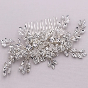 Peigne à cheveux de mariée élégant avec fleurs en alliage d'argent et feuilles en cristal