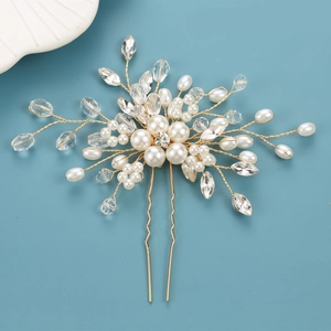 Handgefertigte Künstliche Perlen Kristall U-Förmige Haarnadel Braut Hochzeit Blumen Zweig Gold Silber Legierung Draht Umwickelt Haarschmuck