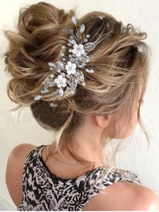 Elegant bridal hair comb with silver leaves, white flowers, pearls and crystals