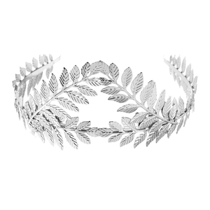 Detailed macro view of the silver leaf laurel crown headband with metallic texture