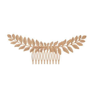 Vue détaillée du peigne à cheveux en alliage métallique doré avec motifs de feuilles