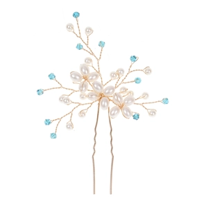 Épingle à Cheveux de Mariée en Cristal Bleu Roi Fait à la Main Fil en Alliage d'Or Künstliche Perle d'Imitation Bijoux pour Mariage Banquet Femme