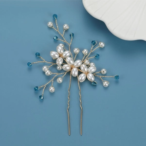 Épingle à cheveux de mariée dorée en U avec cristaux bleus et perles blanches